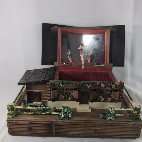 Vintage Japanese Cottage Music Box Trinket Jewelry Brown Wood Large Ballerina - Picture 2 of 16